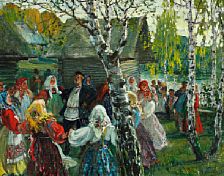 Russian country scene with singing peasants dancing khorovod (round dance) by Mihail Vasilievitch Boskin - Auction record, sale price, and art valuation. Compare with similar artists and explore comparable artworks.