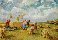 Harvest landscape with Russians stacking sheaves on a carriage by Boris Krilov - Auction record, sale price, and art valuation. Compare with similar artists and explore comparable artworks.