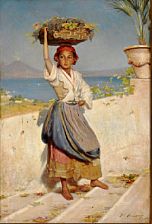 Young woman from Capri carrying a basket filled with grapes on her head. In the background Mount Vesuvius.