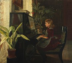 Interior with a girl playing the piano