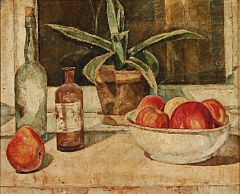 Stilleben with fruits and bottles on a table