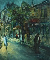 Evening scene from Paris with people in the streets