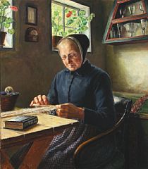 Country style interior with knitting woman