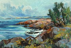 Rocky coast with boats