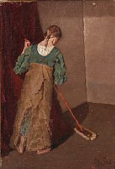 Interior with a girl sweeping the floor