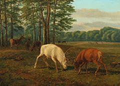 Landscape with two deer in battle