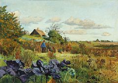 Landscape with an older man walking in the field