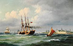 Seascape off Kronborg with numerous ships and pilot boat by Carl Bille - Auction record, sale price, and art valuation. Compare with similar artists and explore comparable artworks.