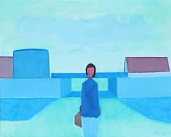 Woman in a landscape with houses