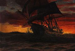 Seascape with a sailing ship in the sunset