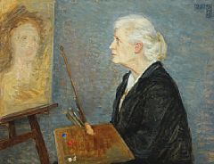 Portrait of Suzette Cathrine Holten Skovgaard: A painter by her easel, presumably the artist's self portrait