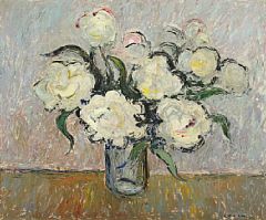 Still life with white flowers in a blue vase