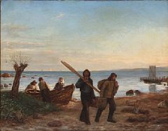 Beach scene with fishermen at sunset