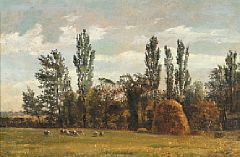 Landscape with haystack, tall trees, grazing sheep