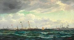 The British Royal yacht is received by the Danish Royal yacht and vessels of the Danish Navy