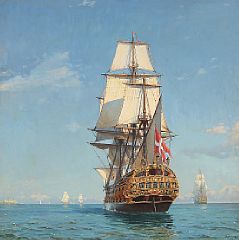 Historical seascape with a motif from 1736 with Danish ships and Kronborg Castle in the background