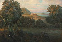 Landscape with a forest and a small fishing village on the coast