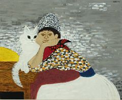 Woman with a white cat