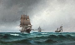 Quiet evening in the North Sea with the frigate "Jylland" surrounded by ships