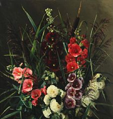 Still life with hollyhocks and reed
