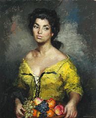Of young woman with fruit bowl