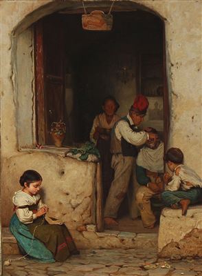 A view into a barbershop on Capri by Michael George Brennan - Auction record, sale price, and art valuation. Compare with similar artists and explore comparable artworks.