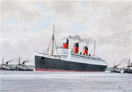 The ocean liner Queen Mary is towed out of a port