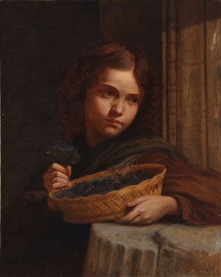Roman girl with flowers in a basket by Auguste Lorange - Auction record, sale price, and art valuation. Compare with similar artists and explore comparable artworks.