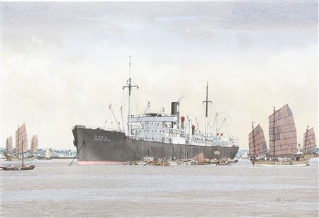 The cargo ship Wales Maru at anchor in an Asian port