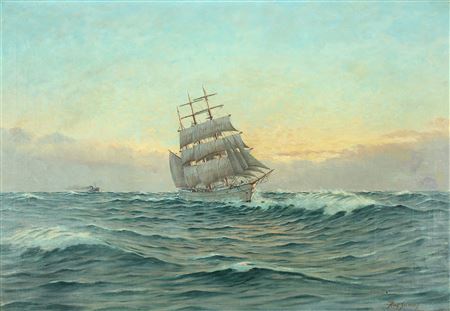 Danish seascape with "Skoleskibet Danmark" and a motor ship