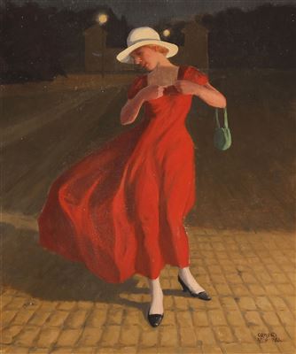 Evening scene with a lady in a red dress