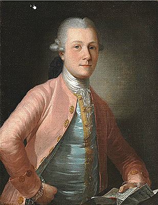 An elegant man with a grey wig, blue waistcoat and pink jacket