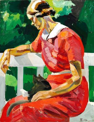 A young girl in a red dress. The artist's future daughter-in-law, Gudrun Syberg