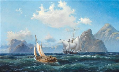 Seascape with sailing ships, in the background high mountains