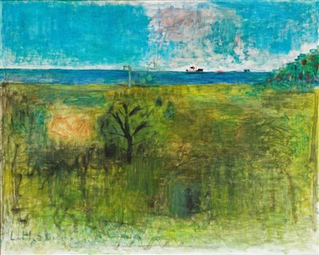 Summer landscape with ships on the horizon