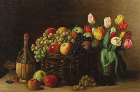 Still life with fruit basket, wine and flowers
