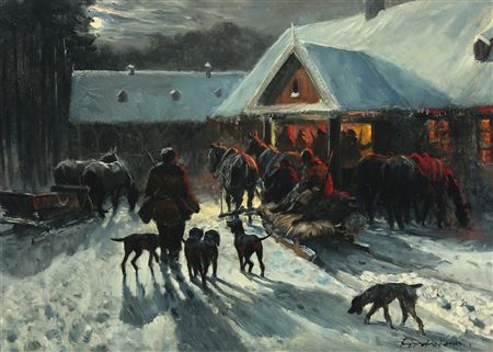 Hunters arriving at roadside inn