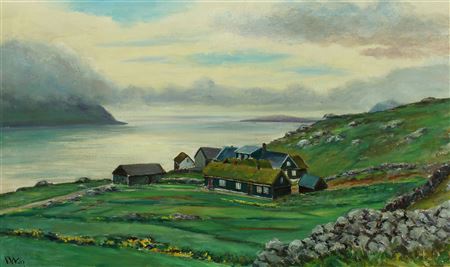Landscape with house in Velbastad, Kirkeby on the Faroe Islands