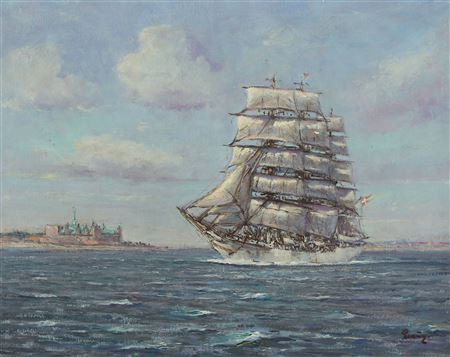 The Danish training ship "Danmark" off the coast of Kronborg Castle by Einer Ploug - Auction record, sale price, and art valuation. Compare with similar artists and explore comparable artworks.