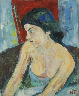 Seated young woman in a blue dress by Helmuth Thomsen - Auction record, sale price, and art valuation. Compare with similar artists and explore comparable artworks.