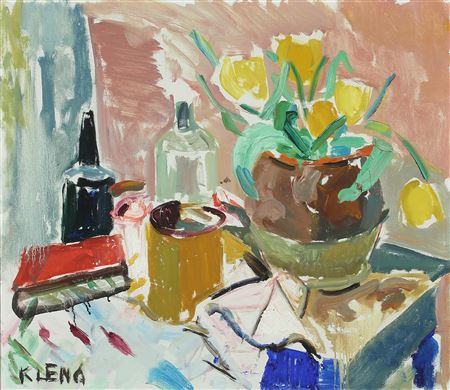 Still life with flowers, bottles and vases