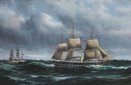 Seascape with the frigate "Jylland" on open sea