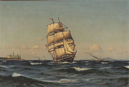 Seascape with a sailing ship and Kronborg Castle in the background