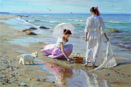 Two girls gathering amber on the beach