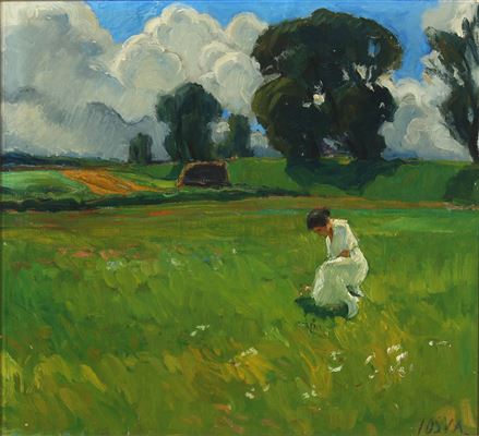 Landscape with a young woman in a white dress