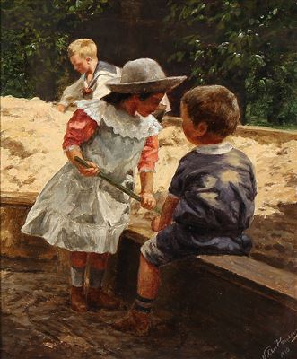 Three children playing in a sandpit
