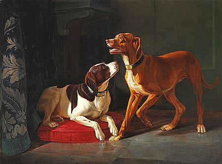 Two hunting dogs, one with a crowned monogram FF on it's collar.