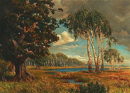 Landscape with trees by a lake, in the background a forest by Victor Borregaard - Auction record, sale price, and art valuation. Compare with similar artists and explore comparable artworks.