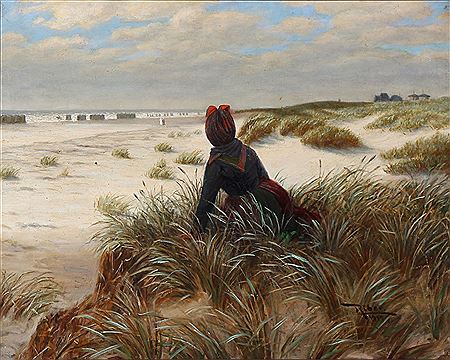 Fanø girl looking at the bathers on the beach.