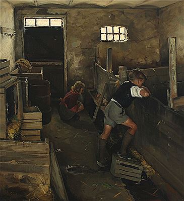 Interior of a barn with two children looking at the animals